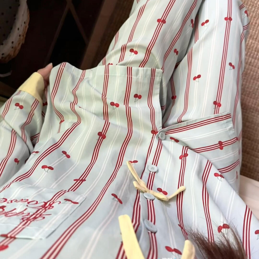 侘町2025年家居服新款蓝黄樱桃字母长袖睡衣女春秋卡通可外穿套装