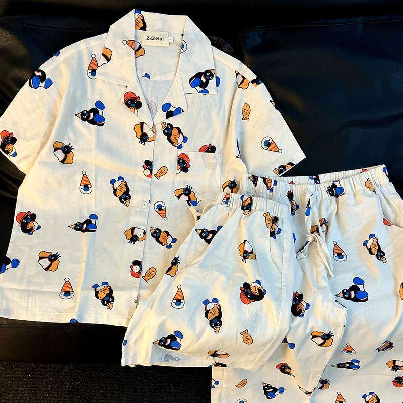 侘町2025年新款机器人pingu短袖三件套睡衣女夏天纯棉家居服夏季