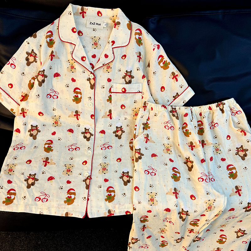 侘町2025新款圣诞厨师小熊短袖长裤睡衣女卡通夏天纯棉家居服夏季