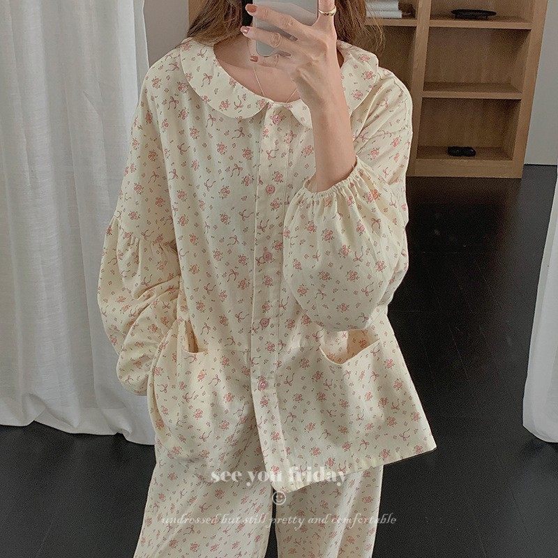 侘町2025新款亲肤全棉磨毛少女玫瑰粉印花元宝领长袖长裤睡衣套装