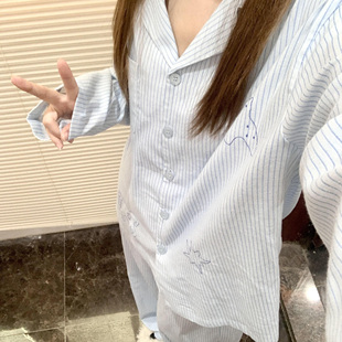家居服套装 蓝条纹飞鸟小马纯棉梭织睡衣长袖 新款 侘町2025年春秋季