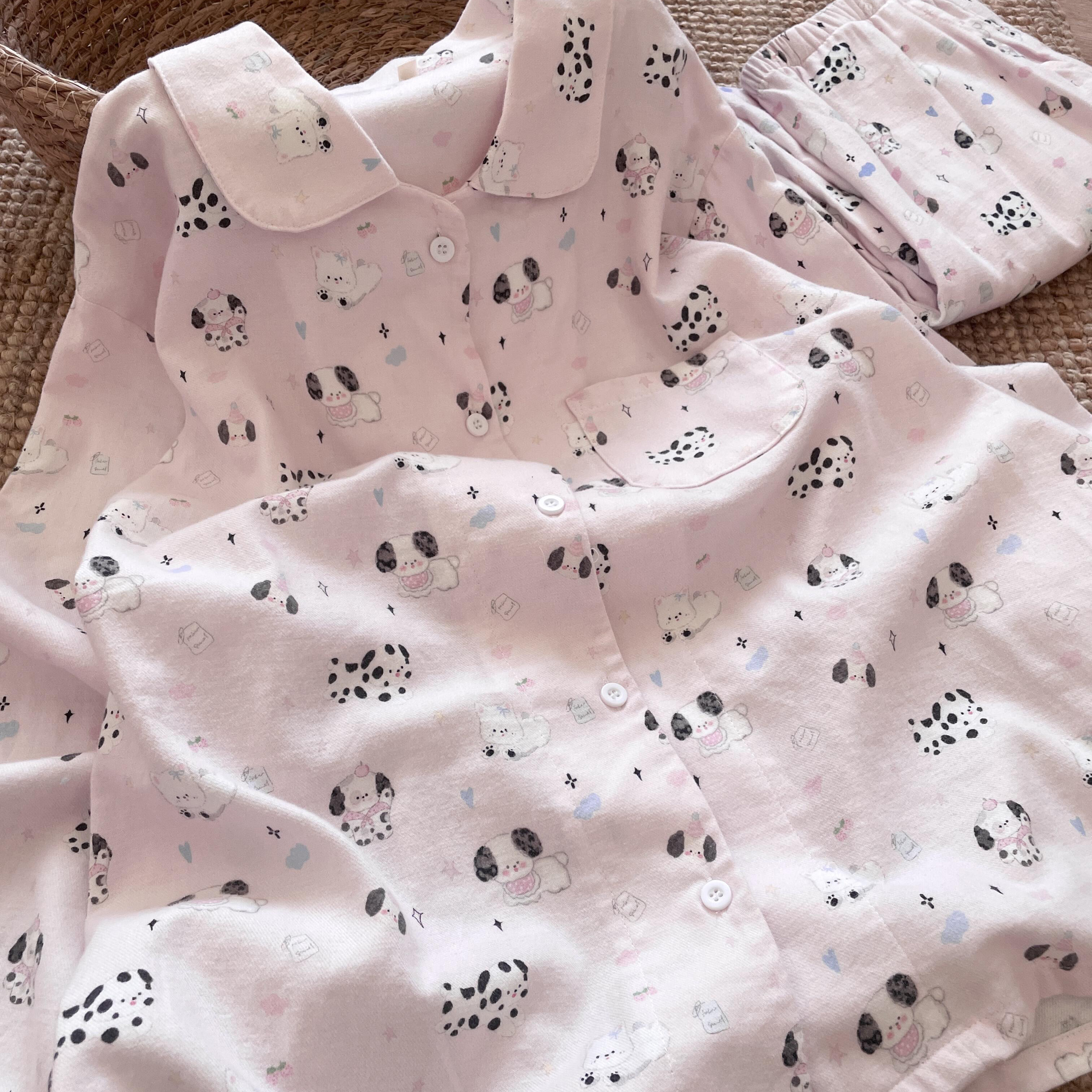 侘町2025新款糯米狗狗卡通纯棉翻领可外穿秋冬睡衣女款休闲家居服