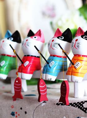 zakka杂 北欧原木 钓鱼猫动物摆件 木制摆件 创意礼品