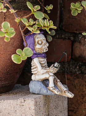 亚马逊跨境骷髅人钓鱼花园树脂摆件庭院假山水池景观布置装饰品