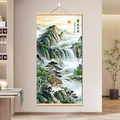 新中式 竖版 玄关招财山水画高山流水生财风景画客厅免打孔墙壁挂画