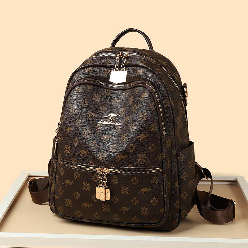 品牌袋鼠真皮双肩包女2025新款大容量妈妈旅游轻便背包软牛皮书包