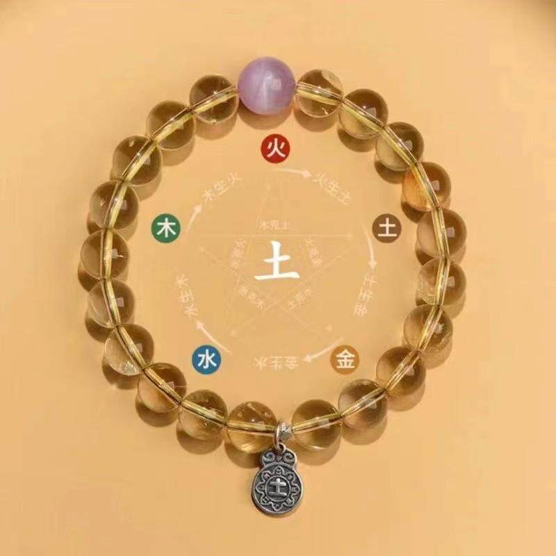 手链(土)黄水晶+紫锂辉+925纯银吊牌