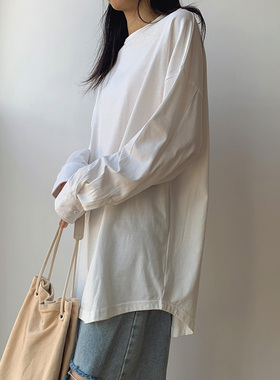 2023春季新款长袖t恤女纯棉宽松韩版中长款打底衫白色秋季上衣潮