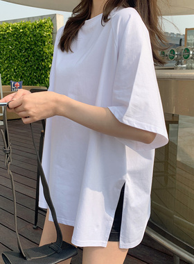2023春夏新款t恤女中长款棉质宽松短袖纯白色侧开叉上衣小众体恤