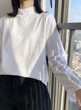 春季纯棉白色半高领宽松长袖T恤女韩版内搭叠穿秋冬打底衫女上衣