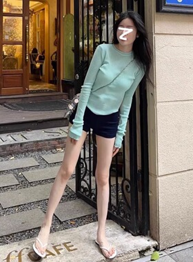 韩国春季新款微透薄荷绿修身内搭打底针织衫女秋圆领套头长袖上衣