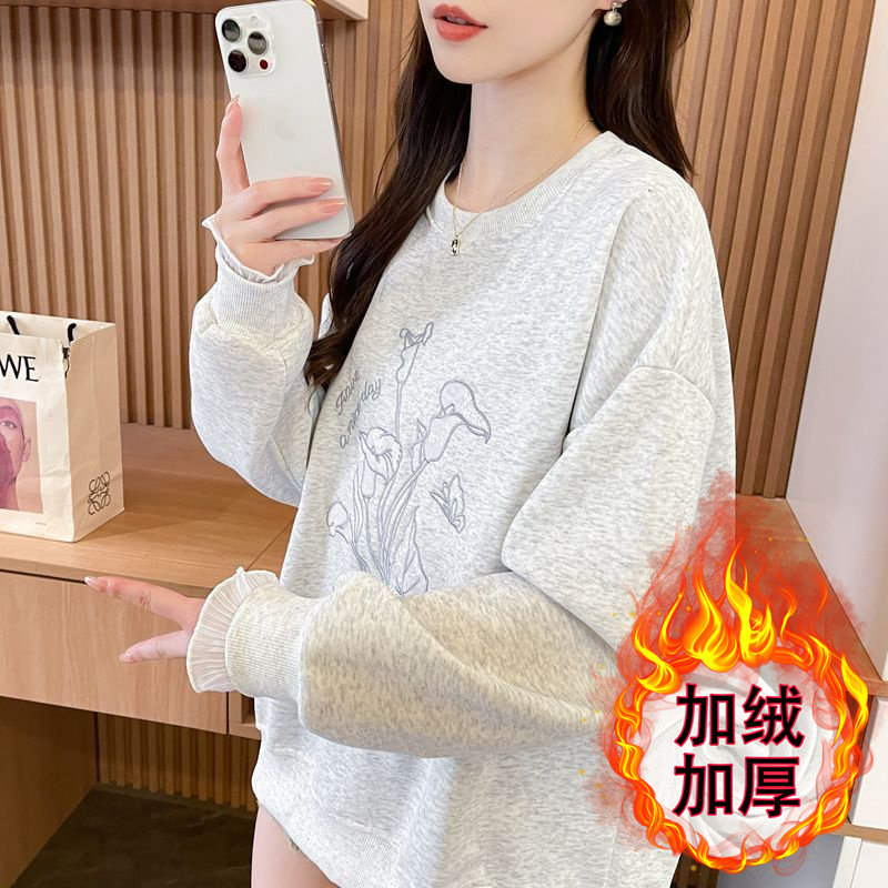 纯棉初高中学生加绒卫衣女秋冬季新爆款假两件蕾丝拼接长袖上衣服