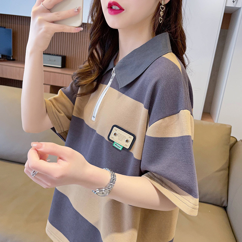 欧货大版洋气半袖体恤胖mm遮肚上衣藏肉polo衫条纹短袖T恤女新款