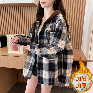 韩版宽松假两件格子衬衫女加绒加厚秋冬衬衣新爆款初高中学生外套