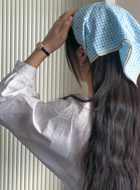 新款 2024棉麻 绑包绑发日韩蓝色田园风三角巾女出口订单丝巾