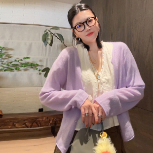 LUNA 针织羊绒亲肤长袖 开衫 毛衣 紫霞