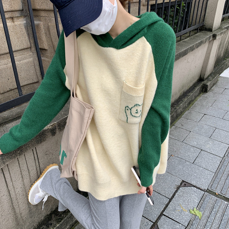 春秋2021新款上衣女装长袖连帽撞色北极绒宽松时尚针织保暖毛衣