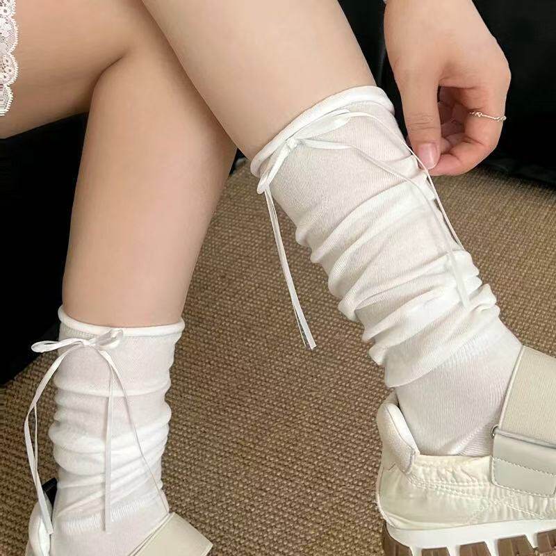 芭蕾风白色小腿袜夏季薄款纯棉卷边泡泡袜miu系蝴蝶结袜子女中筒