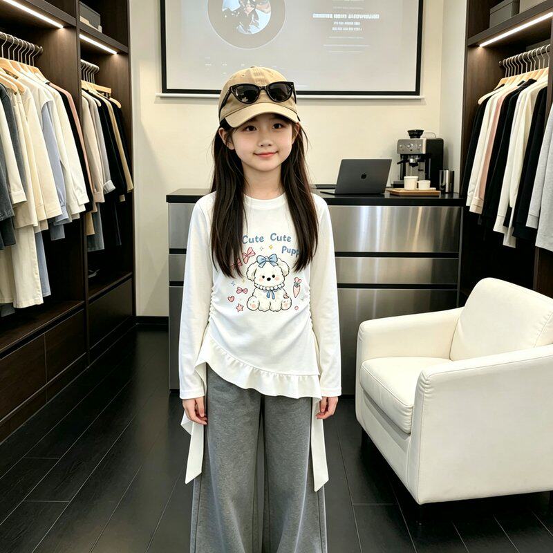 韩版女童小狗印花长袖T恤纯棉2026春秋中大童洋气不规则上衣
