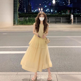 法式 连衣裙收腰显瘦海边度假风背心沙滩蛋糕裙子 新款 黄色无袖
