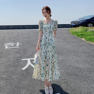 小个子显瘦中长方领a字雪纺仙女裙子 绿色碎花连衣裙女夏2025新款