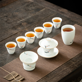 手绘功夫茶具套装家用办公室陶瓷茶壶盖碗茶杯桃花小清新礼盒送人