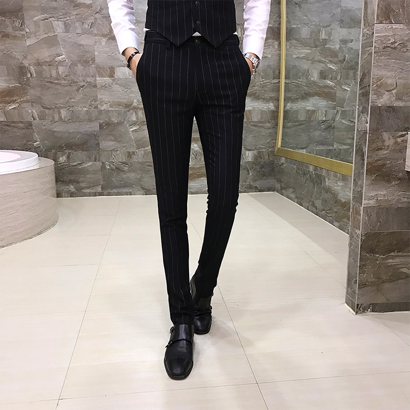 韩版竖条纹男士西裤时尚休闲长裤修身裤子潮流商务