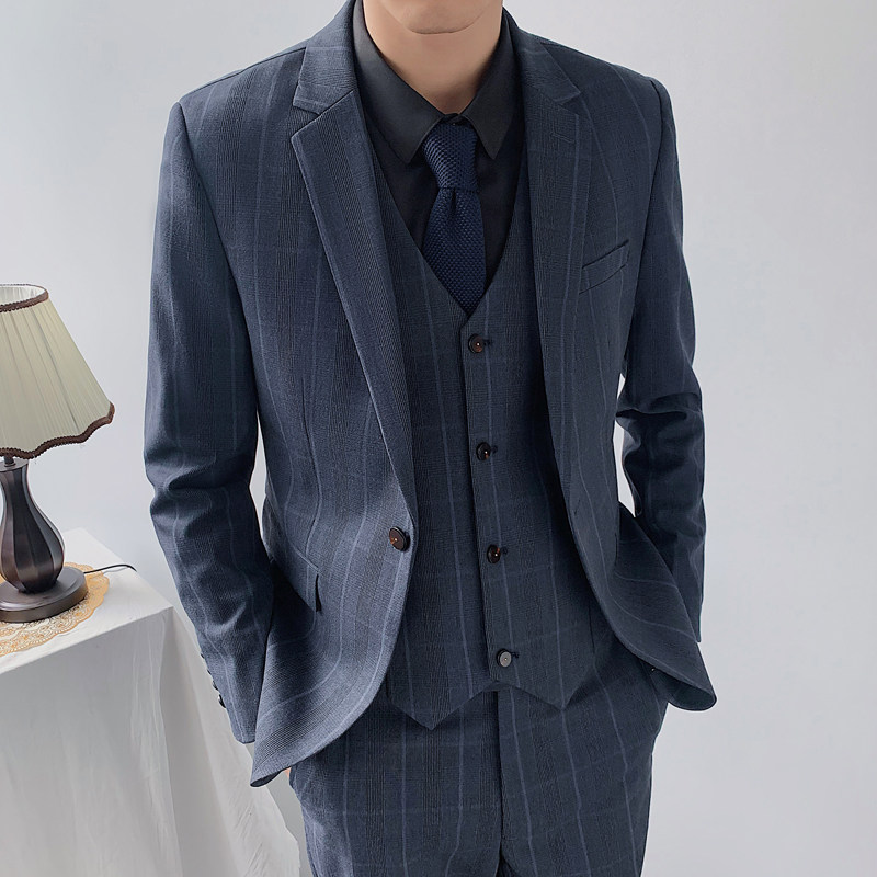 春秋格子西服套装男韩版修身痞帅休闲小西装三件套结婚礼服正装潮