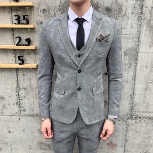 新郎结婚礼服商务职业装 千鸟格西服套装 休闲格子西装 英伦修身 男士