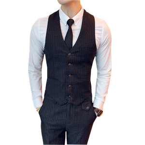 韩版修身竖条纹马甲裤子套装男士职业装发型师马夹两件套结婚礼服