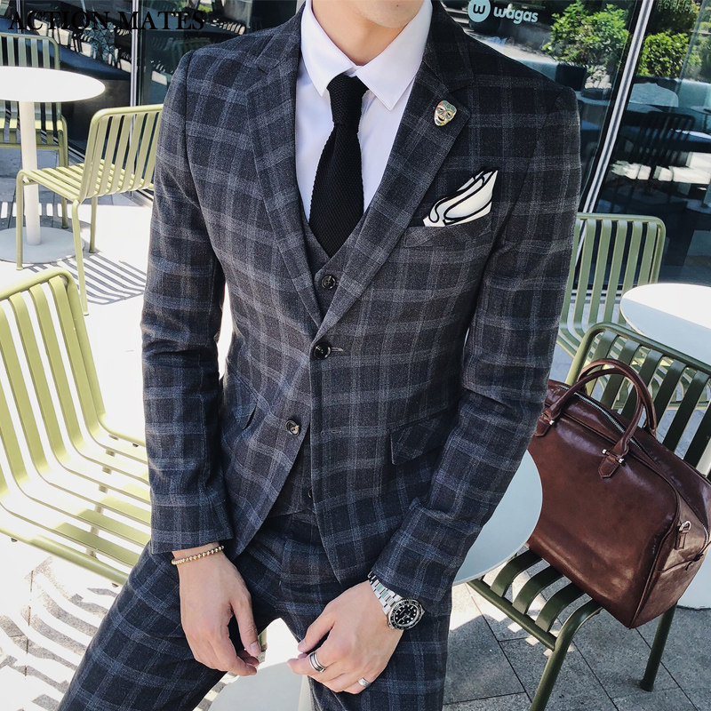 秋季西服套装男士韩版修身休闲格子西装三件套新郎结婚礼服职业装
