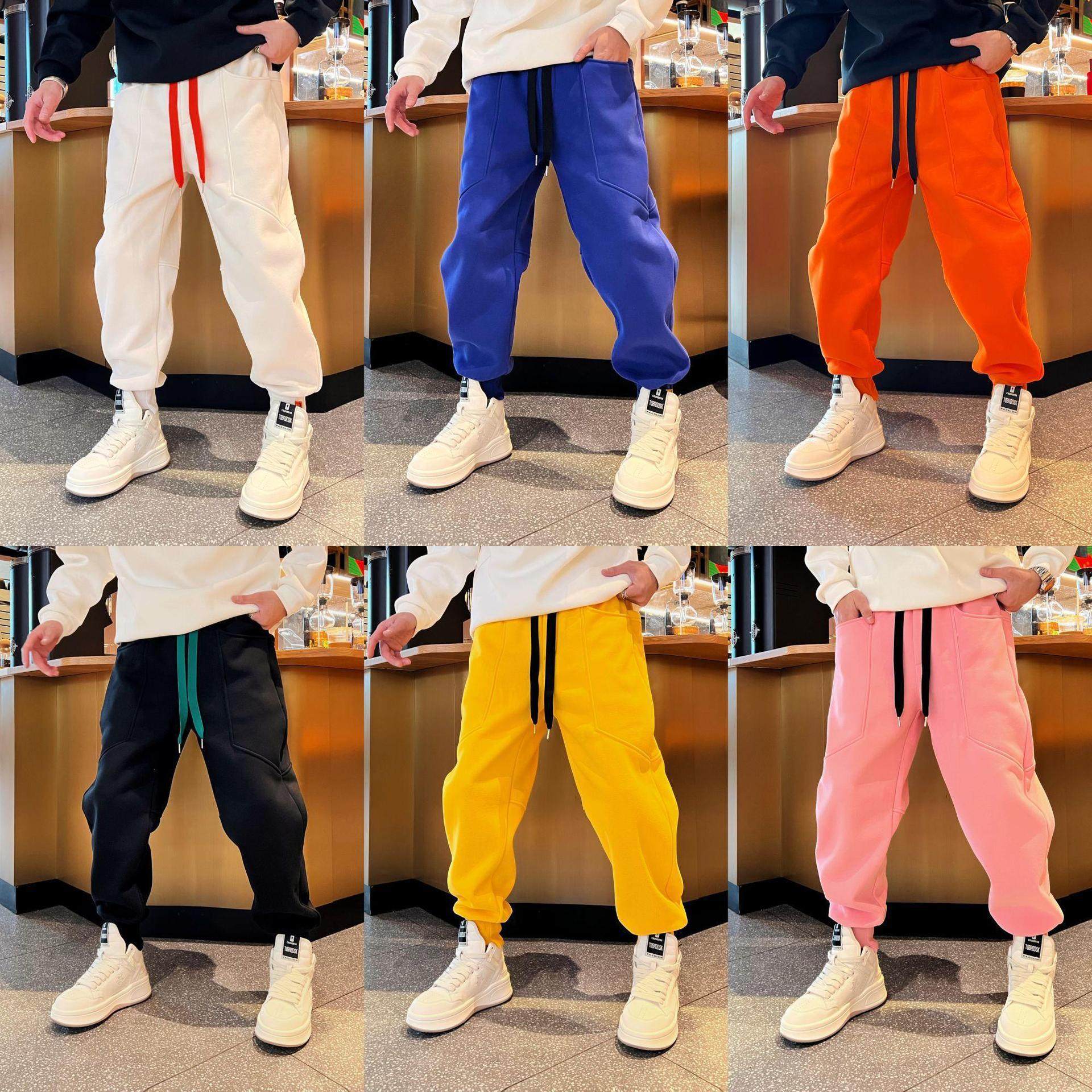 秋冬季新款百搭时尚潮流休闲痞帅拼接加绒束脚纯色男款休闲裤个性,男装,休闲裤,淘宝优惠券,粉丝福利购,淘宝优惠卷