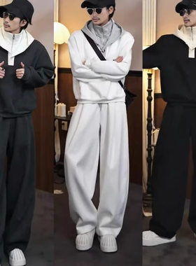 男士春季新款美式拼接假俩件连帽卫衣看送垂感阔腿长裤休闲套装