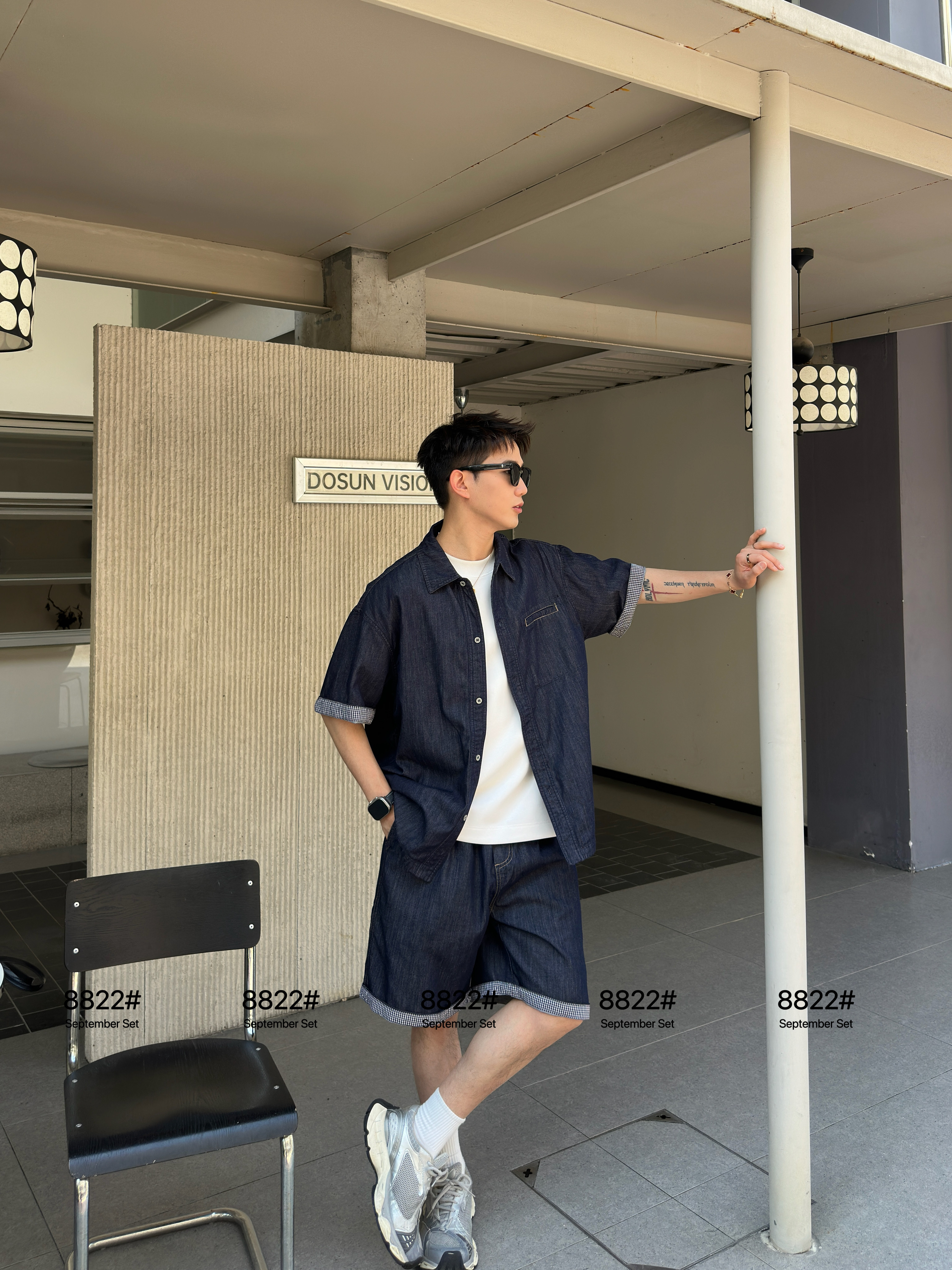 实体时尚潮流夏季新款牛仔套装男休闲百搭短袖衬衫短裤宽松两件套