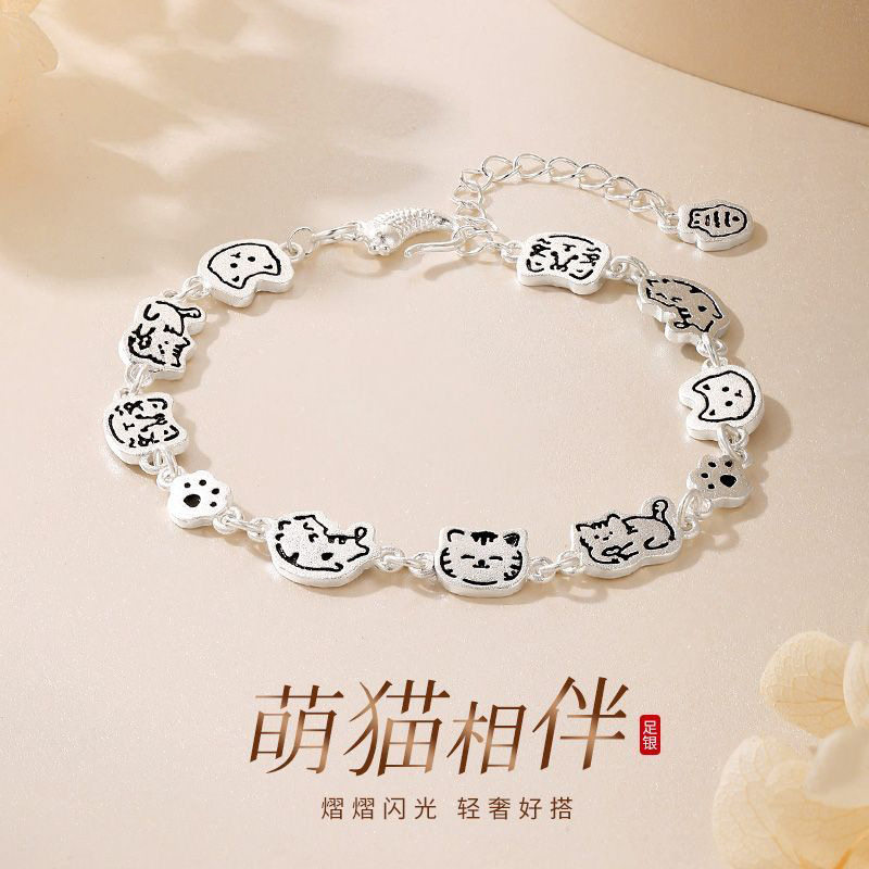 S999足银可爱萌猫手链女生轻奢小众猫咪设计感手饰送女友生日礼物