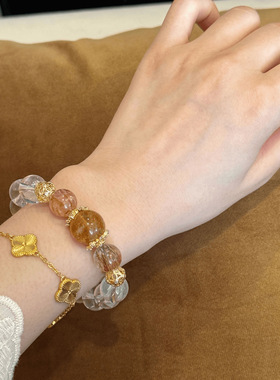 【人间富贵花】天然白水晶手链小众原创设计招财黑金超七水晶手饰