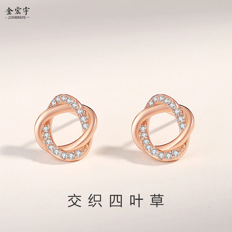 韩版时尚玫瑰金四叶耳钉女复古网红小巧耳环ins冷淡风耳饰跨境款