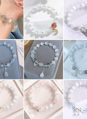 国潮猫眼石串珠手链女ins小众设计福牌吊坠闺蜜水晶手串手饰批发