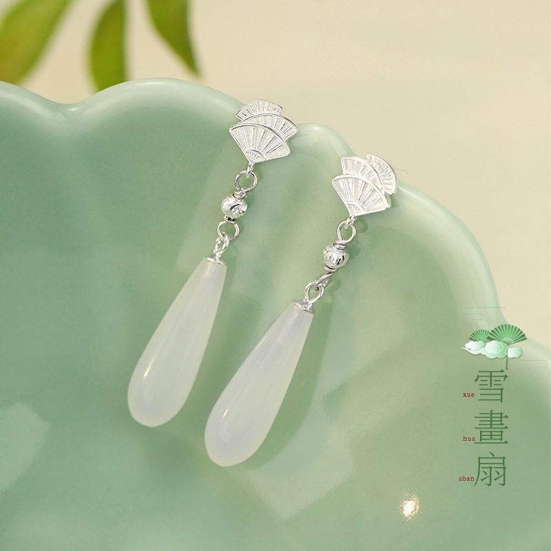 925纯银扇形耳钉女国风古风新中式白玉髓耳坠长款高级感流苏耳环