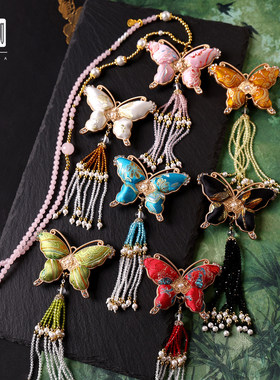 双面宋锦蝴蝶吊坠水晶挂链多色可选佛牌唐卡吊坠链汉服旗袍配链无