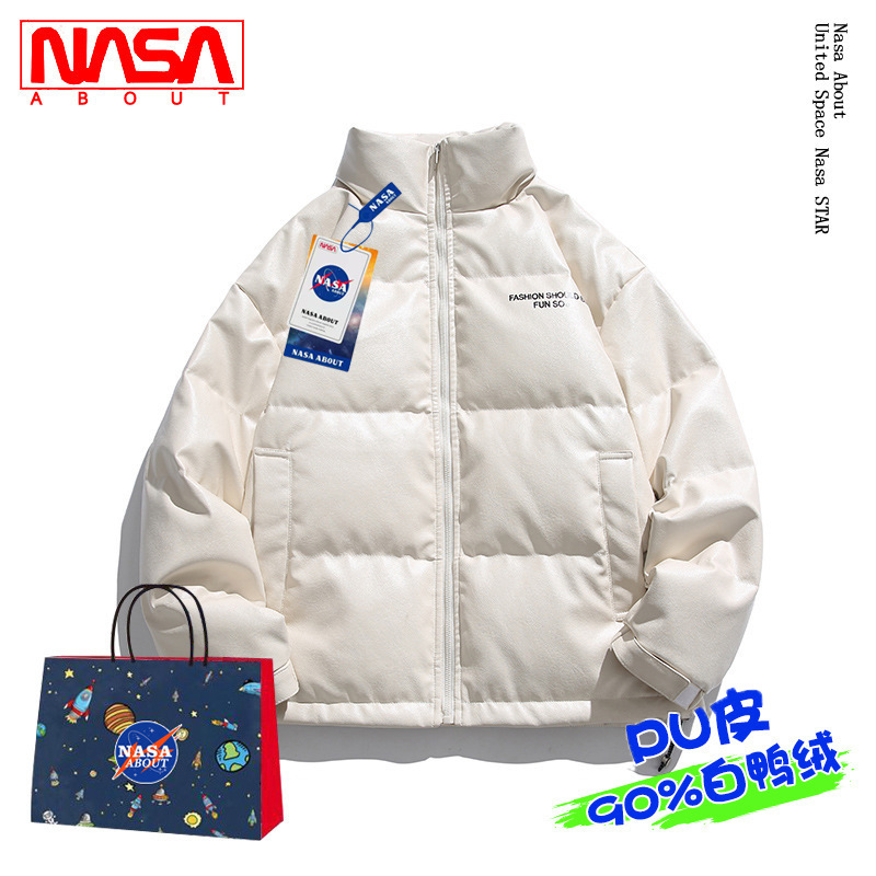 NASA2025冬季PU皮羽绒服男秋冬季青少年潮牌宽松立领白鸭绒外套