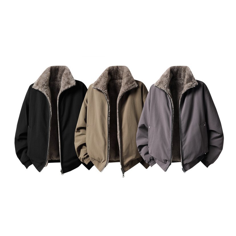 双面穿美式毛领座山雕棉服男款秋冬季保暖加绒棉衣仿兔毛加厚外套