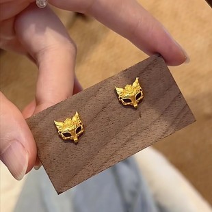 爆款小狐狸面具耳钉999纯银古法金国风灵狐耳环跨境ins风耳饰批发