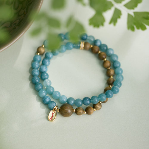 九华祈福6MM绿檀手串蓝水玉髓上岸双圈手链新中式檀木手串批发