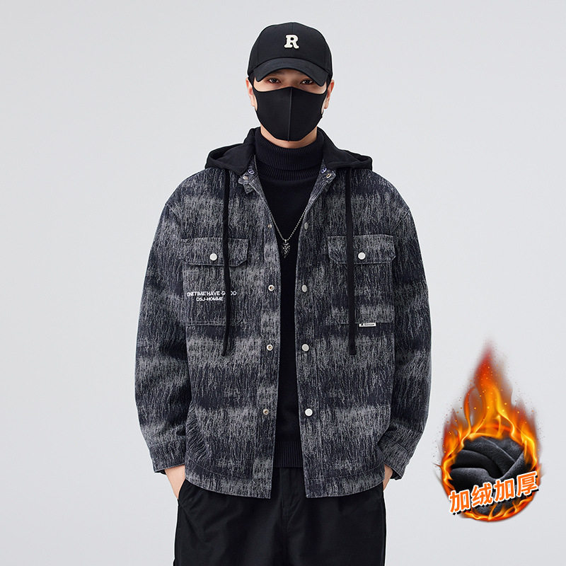 高品质时尚加绒加厚复古格子牛仔外套男款秋冬季新款潮牌翻领夹克