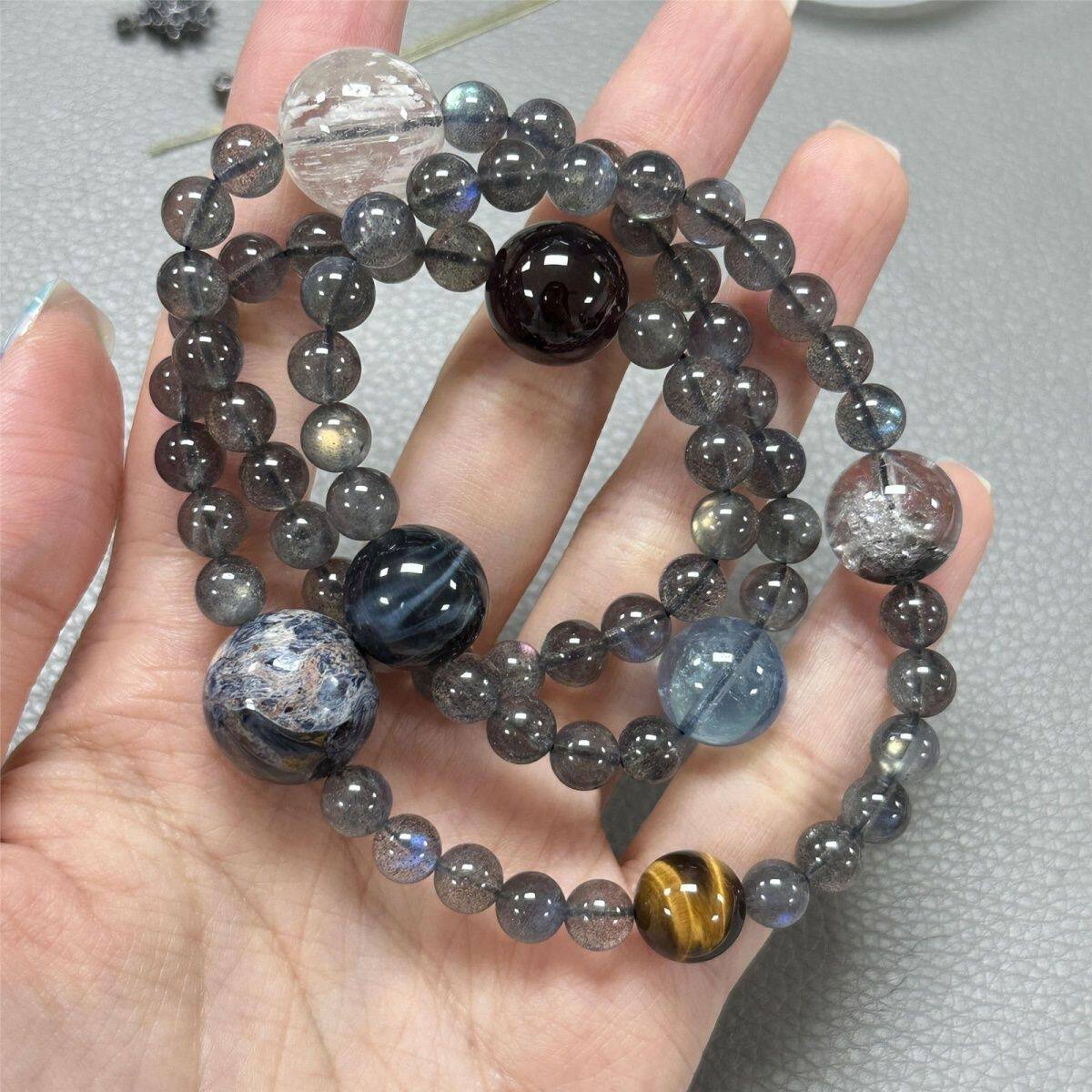 「宇宙行星」宇宙行星手串海蓝宝串珠手链多圈手串虎眼石手串精致