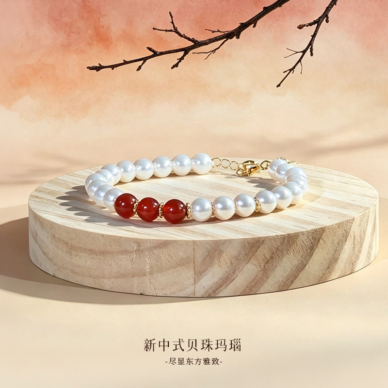 新中式玛瑙贝珠手链纯银镀18K金色复古几何圆珠手串三生三世手饰