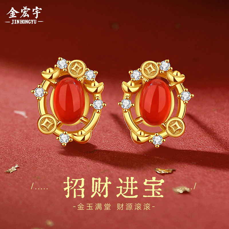 原创招财进宝红玛瑙耳钉女纯银镀18k金色复古新中式钱币元宝耳环