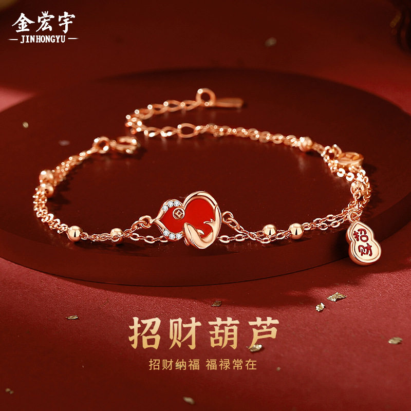 原创招财葫芦锦鲤手链女纯银复古新中式红玛瑙手串新年钱币手饰品
