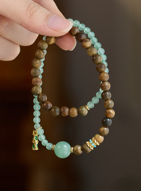 天然绿檀手链绿东陵节节高升双圈手串新中式叠戴双圈水晶手串批发